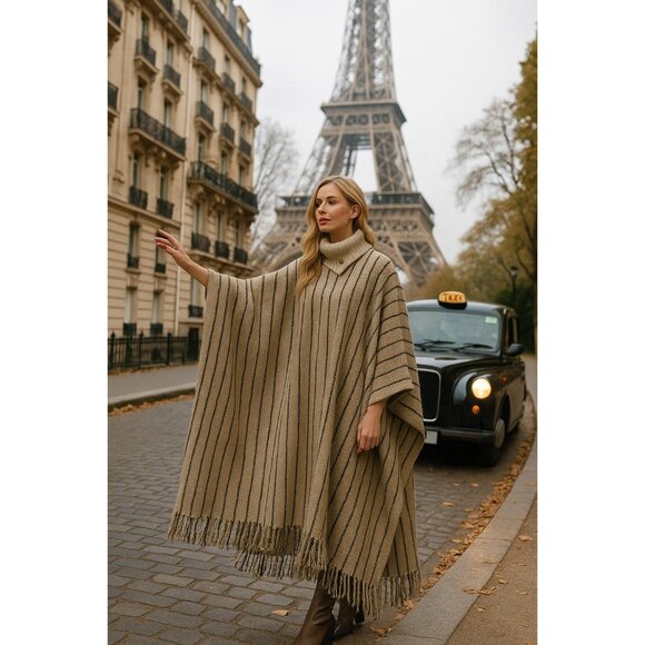 Beige Wool Poncho Sweater M Fringe Black Stripe - Picture 3 of 3